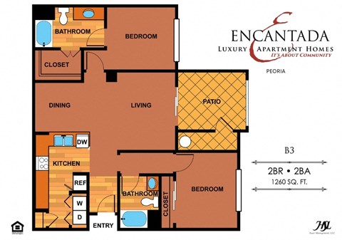 Encantada Peoria B3 floor plan of a 2 bedroom apartment with 2 bathrooms